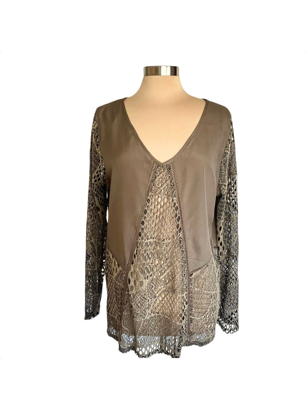 BKE Boutique Tan Satin & Mesh Top Womens L Grunge Indie Moto Punk Rock Boho‎